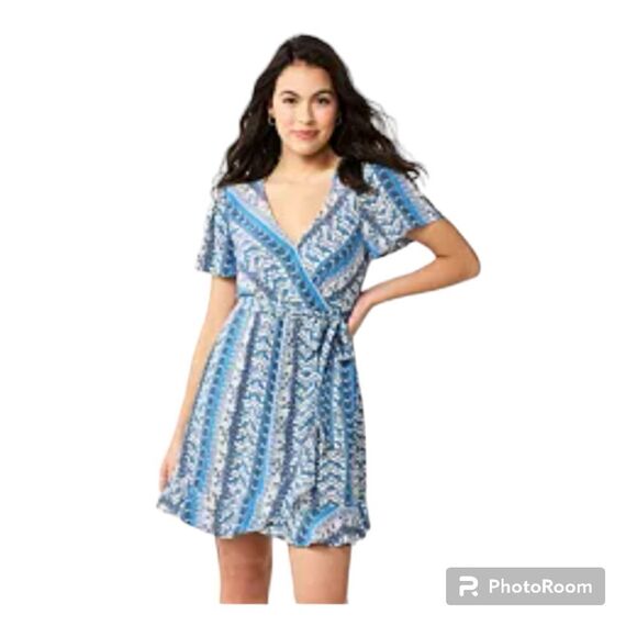 SO Mini Floral Boho Dress Tie Belt V Neck Ruffle Hem Short Sleeves Size XL - Picture 1 of 11